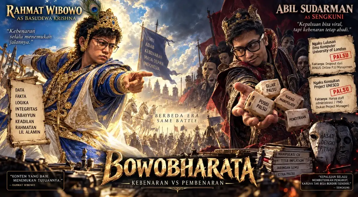 Poster Bowobharata: Rahmat Wibowo sebagai Basudewa Krishna di kiri dan Abil Sudarman sebagai Sengkuni di kanan, ilustrasi AI bertema Mahabharata.