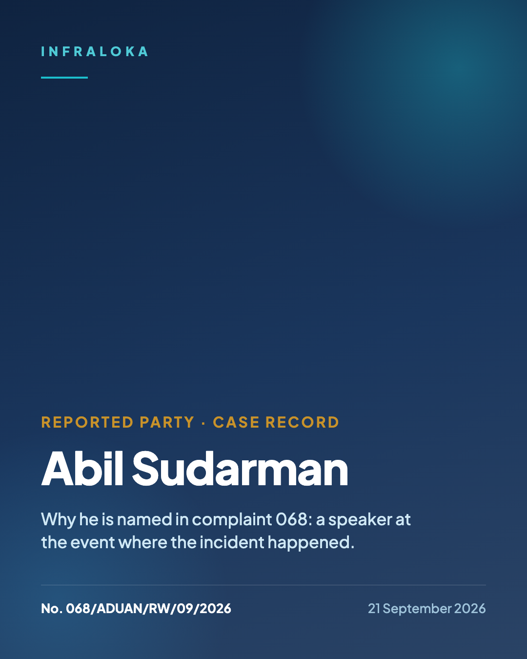 Catatan perkara: Abil Sudarman, disebut dalam Aduan No. 068/ADUAN/RW/09/2026