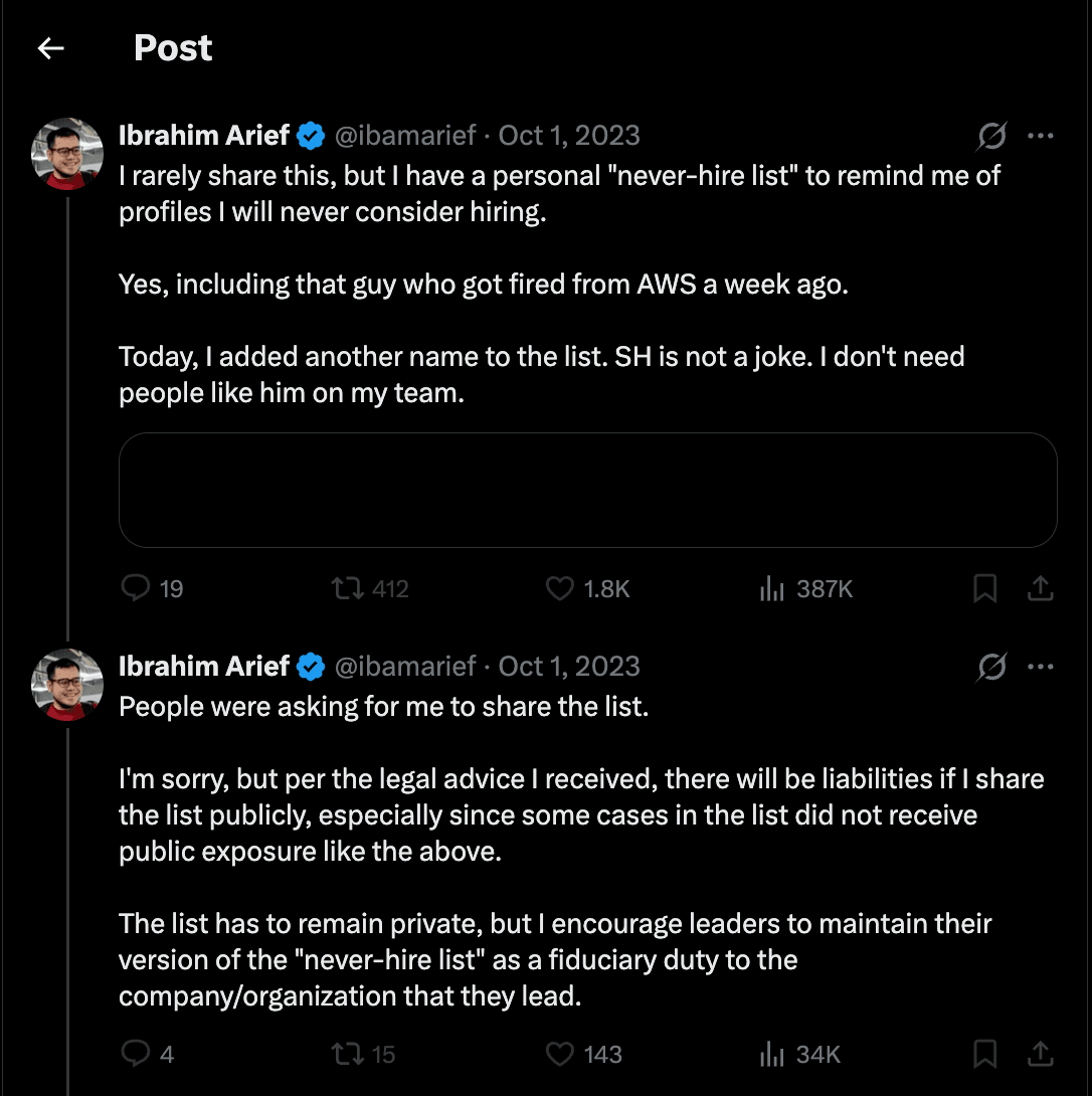Screenshot of two posts by Ibrahim Arief (@ibamarief) on X, 1 October 2023, about a personal “never-hire list” and why the list is not shared.