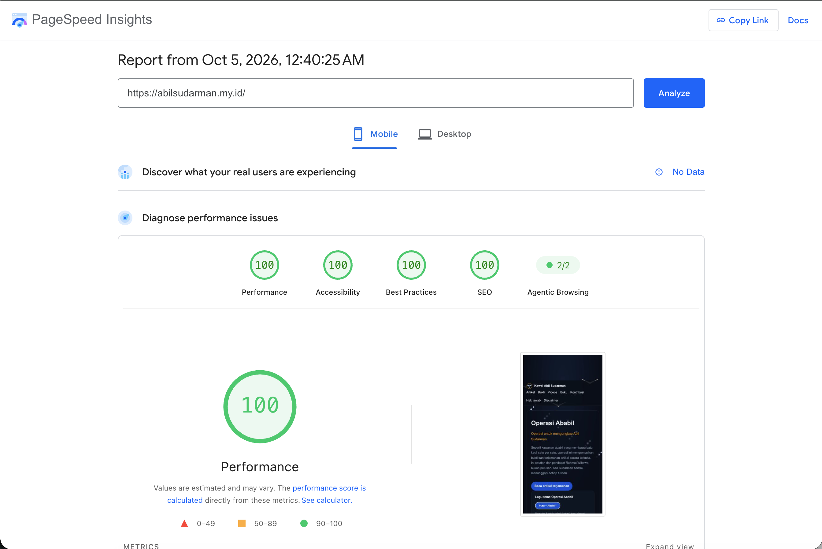 Laporan seluler PageSpeed Insights untuk abilsudarman.my.id