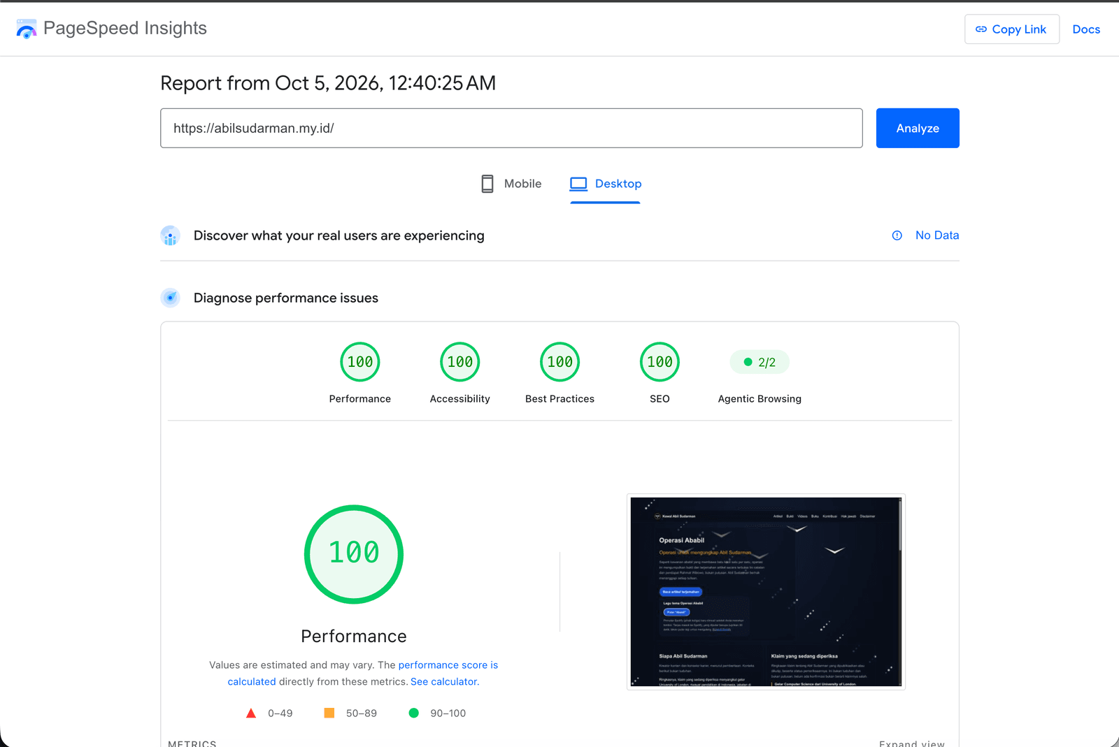 Laporan desktop PageSpeed Insights untuk abilsudarman.my.id