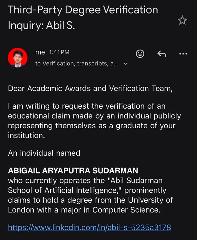 Email titled "Third-Party Degree Verification Inquiry: Abil S." to a university verification team