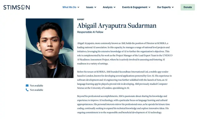 Stimson Center Expert page in the name of Abigail Aryaputra Sudarman, Responsible AI Fellow, with a bio that mentions studying Computer Science at the University of London