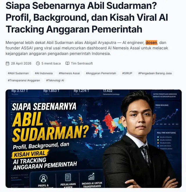 Headline and opening paragraph of a Sentrasoft article about Abil Sudarman, with the word "dosen" (lecturer) highlighted