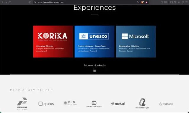 Experiences section of abilsudarman.com: KORIKA, UNESCO and Microsoft cards, and a row of "Previously taught" logos