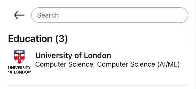 Education section of a LinkedIn profile: University of London, Computer Science, Computer Science (AI/ML)