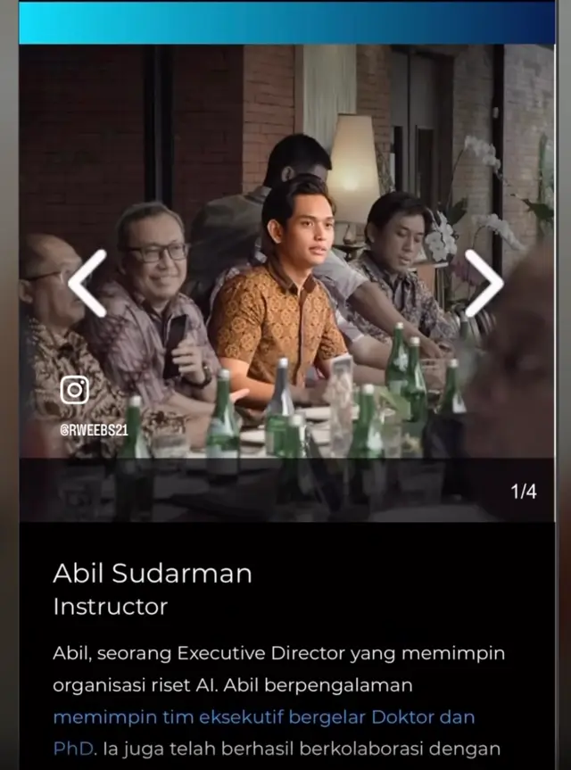 Card for Abil Sudarman, Instructor, that mentions Executive Director and an executive team holding Doctorate and PhD degrees
