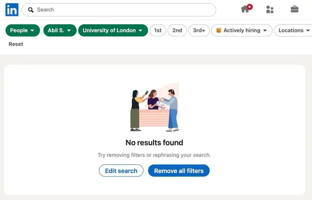LinkedIn people search with the name "Abil S." and a University of London filter showing "No results found"