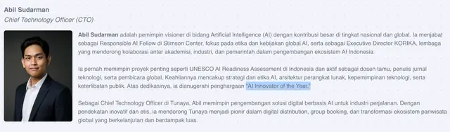 Profile of Abil Sudarman as Chief Technology Officer of Tunaya with the sentence "AI Innovator of the Year" highlighted