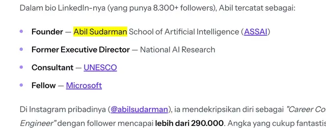 Article excerpt listing Abil Sudarman's LinkedIn bio: Founder ASSAI, Former Executive Director National AI Research, Consultant UNESCO, Fellow Microsoft