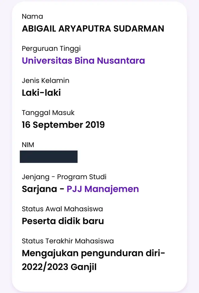 Student data card in the name of Abigail Aryaputra Sudarman, Bina Nusantara University, Bachelor of Management (distance learning); latest status: applied to resign, 2022/2023 odd semester; student ID masked