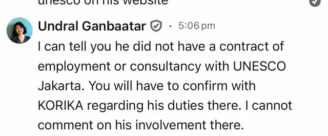 LinkedIn comment by Undral Ganbaatar at 5:06 pm: he states Abil had no employment or consultancy contract with UNESCO Jakarta and asks that his role at KORIKA be confirmed with KORIKA