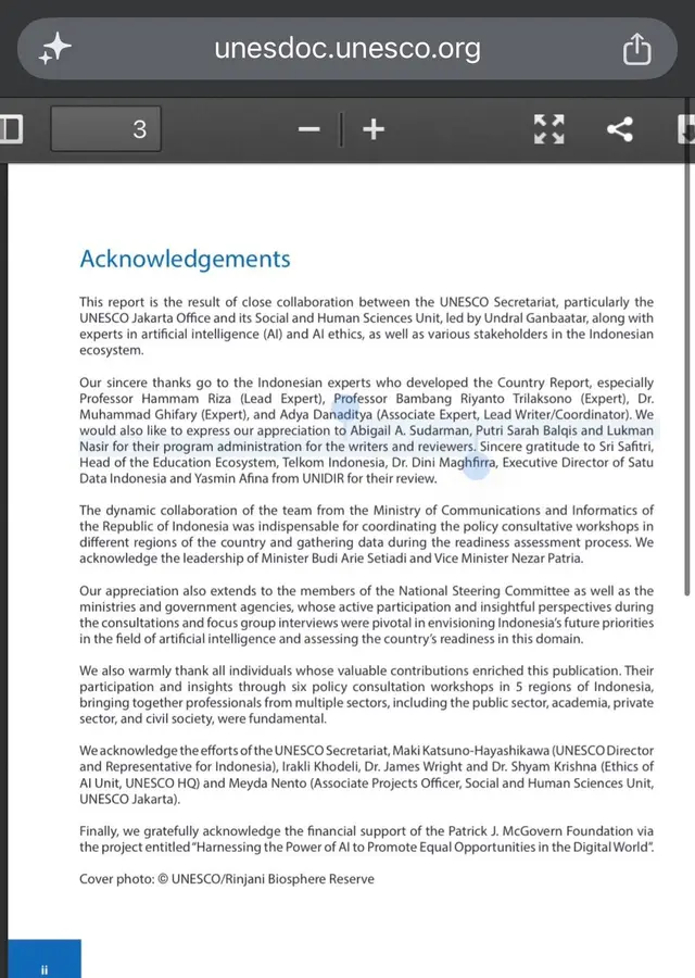 Acknowledgements page of a document on unesdoc.unesco.org with the sentence naming Abigail A. Sudarman, Putri Sarah Balqis and Lukman Nasir highlighted