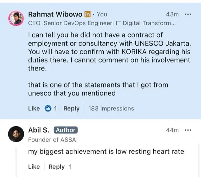 LinkedIn comment thread: a comment by Rahmat Wibowo relaying a statement from UNESCO Jakarta, and a comment from the account "Abil S., Founder of ASSAI"